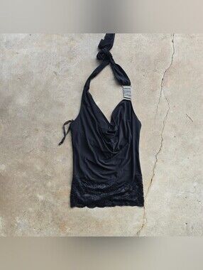 Vintage Y2k Bling Drape Going Out Club Cowl Neck Halter Top Lace Trim